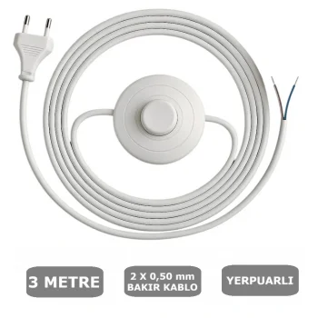 Fişli Yerpuarlı Kablo (Yassı)- Anahtarlı (2X0,50) Beyaz - 3 Metre