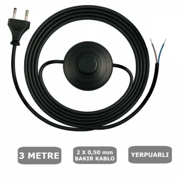 Fişli Yerpuarlı Kablo (Yassı)- Anahtarlı (2X0,50) Siyah - 3 Metre