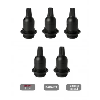 Italyan E14 Duy (MİNİ DUY) Bakalit Geçmeli Yarım Diş Siyah (250V-2A) 5 Adet
