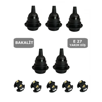 İtalyan E27 Duy Vidalı Yarım Diş Avize, Abajur, Ağaç Feneri Duyu Halkalı (250V-4A)(Bakalit) 5 Adet