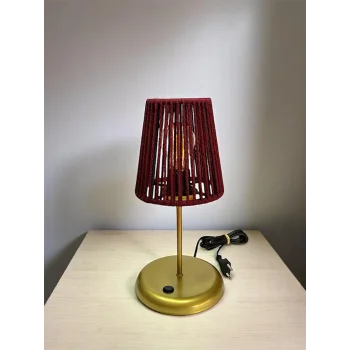 Lyris - Makrome Abajur, Mini Masa Lambası (Bordo Başlık, Gold Ayak)