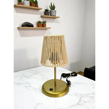 Lyris - Makrome Abajur, Mini Masa Lambası (Ekru Başlık, Gold Ayak)