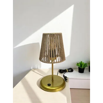 Lyris - Makrome Abajur, Mini Masa Lambası (Koyu Bej Başlık, Gold Ayak)