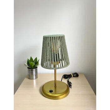 Lyris - Makrome Abajur, Mini Masa Lambası (Küf Yeşili Başlık, Gold Ayak)