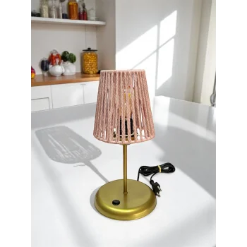 Lyris - Makrome Abajur, Mini Masa Lambası (Pudra Başlık, Gold Ayak)
