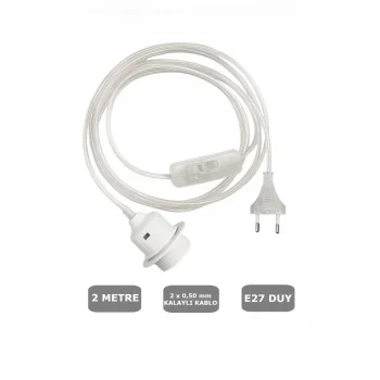 Şeffaf Kablo, E27 Beyaz Duylu, 2 Metre Arapuarlı (Aç Kapat Anahtar) (2X0,50)