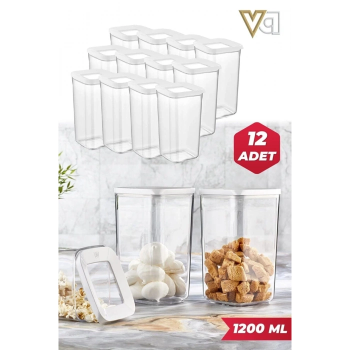 Vip Ahmet 12li 1200 ml Kare Vakum Kapaklı Saklama Kabı Erzak Kabı Dolap Düzenleyici Set