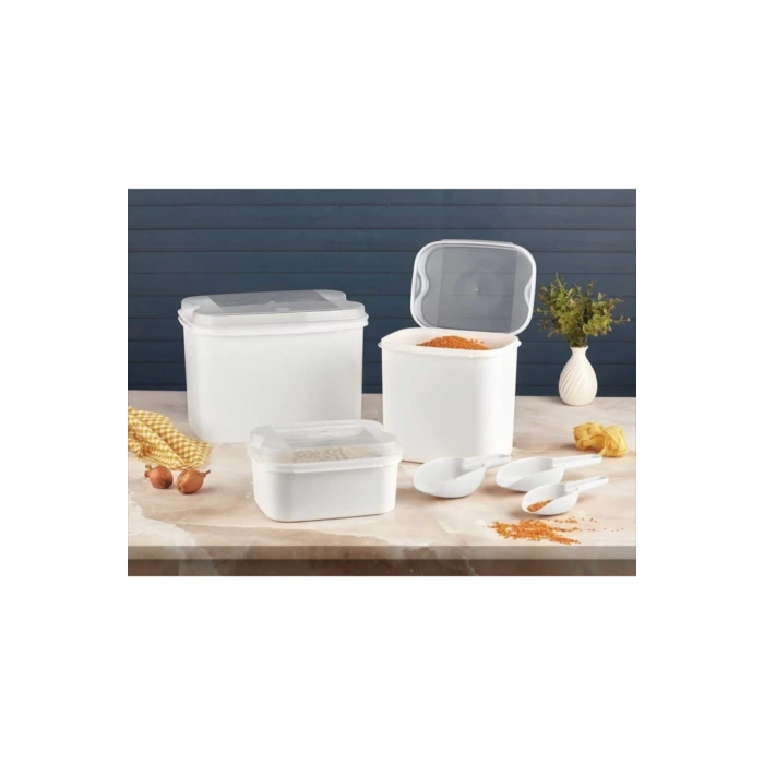 Masal Un Ve Bakliyat Saklama Kabı 10 Lt+4,5 Lt+1,6 Lt + Kürek Hediyeli Beyaz Renk