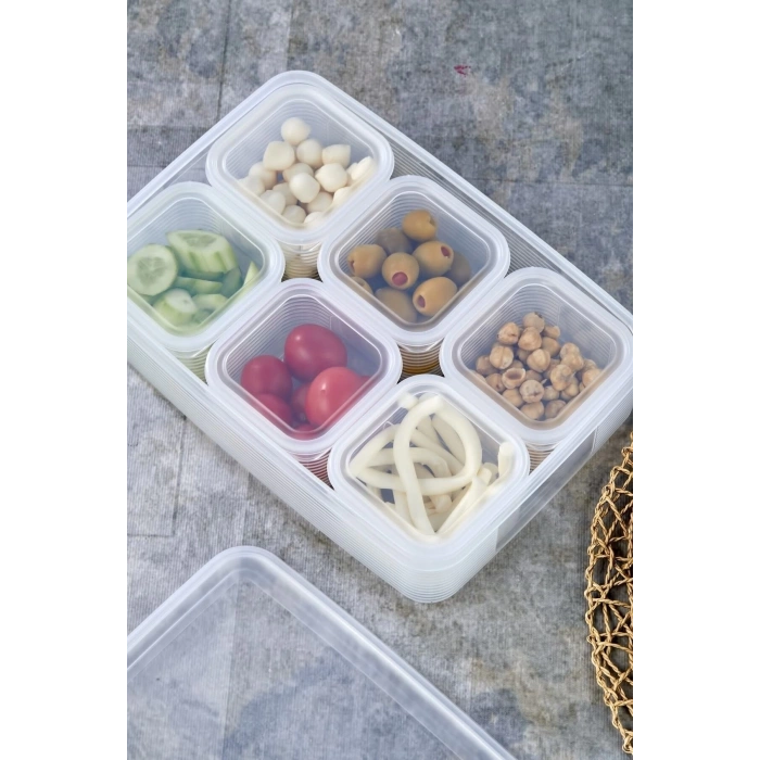6lı Kare Tepsili Ve Bölmeli Kapaklı Çizgili Vakumlu Kahvaltılık Seti