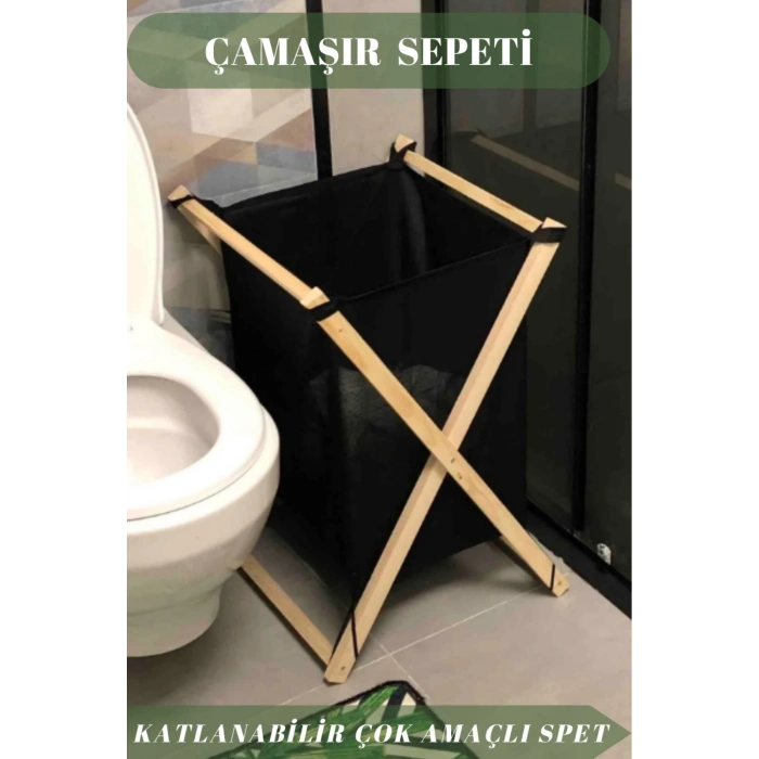 Ahşap Katlanır Kirli Çamaşır Sepeti Siyah Çamaşır Sepeti