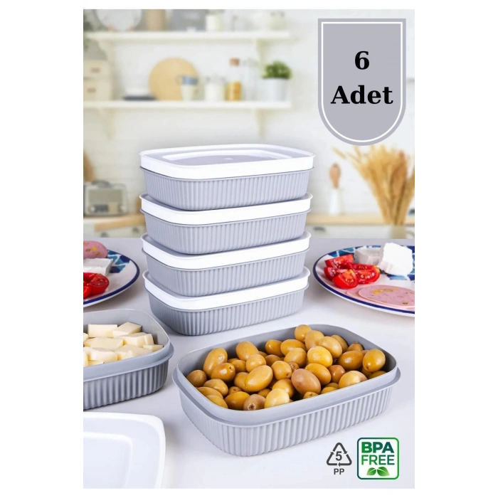 6 Adet  Özel Tasarım Kapaklı Shell Storage Box- Saklama Kabı - Kahvaltılık Seti - 600 ml - GRİ