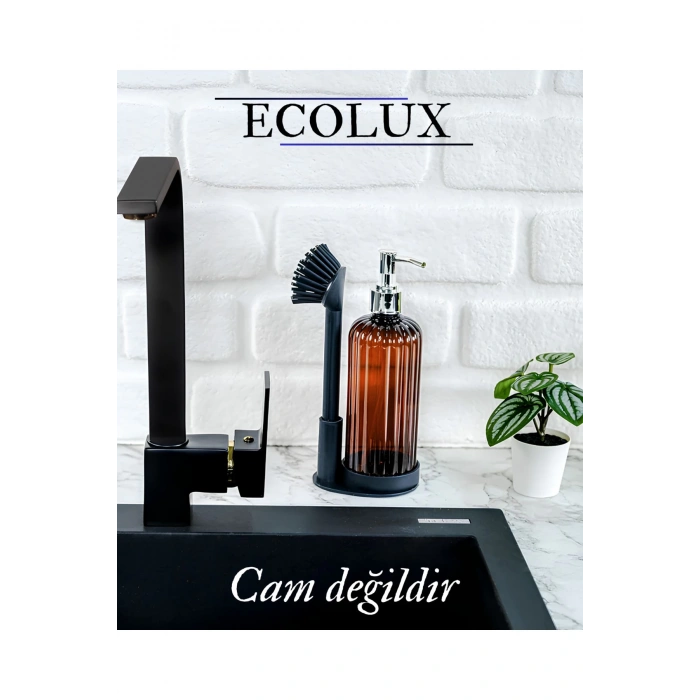 Amber Sıvı Sabunluk Yumuşak Silikon Fırçalı Set - Bulaşık Deterjanı-Çamaşır Suyu - Amber Şişe 500 ml