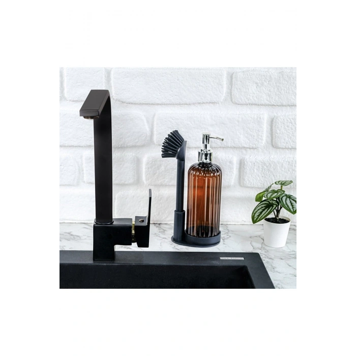Amber Sıvı Sabunluk Yumuşak Silikon Fırçalı Set - Bulaşık Deterjanı-Çamaşır Suyu - Amber Şişe 500 ml