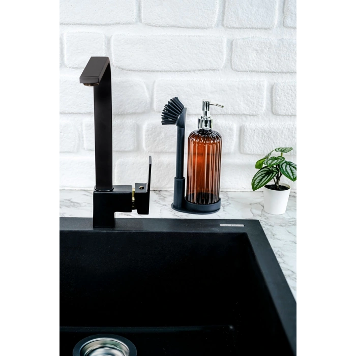 Amber Sıvı Sabunluk Yumuşak Silikon Fırçalı Set - Bulaşık Deterjanı-Çamaşır Suyu - Amber Şişe 500 ml