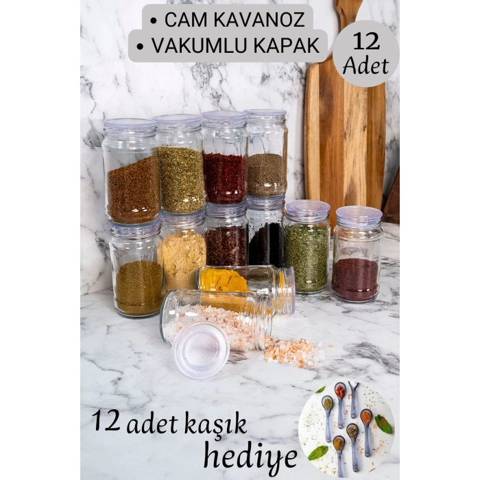 12 Adet Vakum Kapaklı 330cc Cam Kavanoz Baharat Seti - ETİKET ve KAŞIK hediyelidir