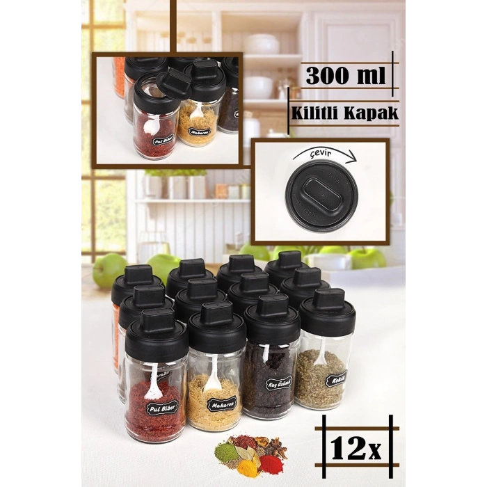 12 Adet Kapağı Kendinden Kaşıklı Baharatlık Seti - (300 ML) Cam Kavanoz Vfr