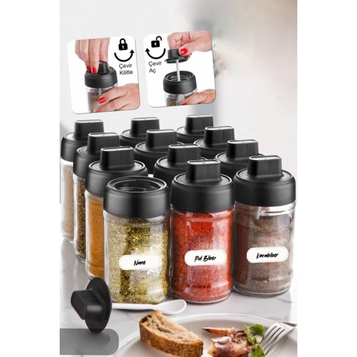 6 Adet Kilitllenebilir Kapaklı Kapağı Kendinden Kaşıklı Baharatlık Seti 300 ml Etiketli Cam Takımı