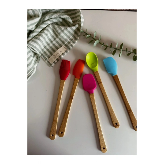 5 Adet Renkli Bambu Saplı Silikon Uçlu Spatula Fırçalı Kaşık Seti | 5li Silikon Spatula Seti