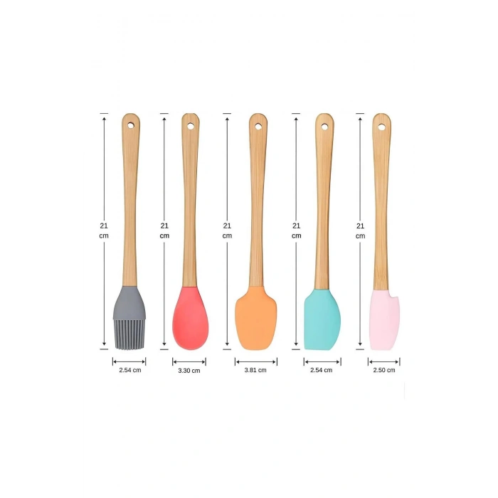 5 Adet Renkli Bambu Saplı Silikon Uçlu Spatula Fırçalı Kaşık Seti | 5li Silikon Spatula Seti