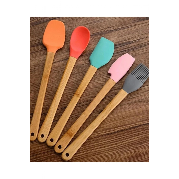 5 Adet Renkli Bambu Saplı Silikon Uçlu Spatula Fırçalı Kaşık Seti | 5li Silikon Spatula Seti