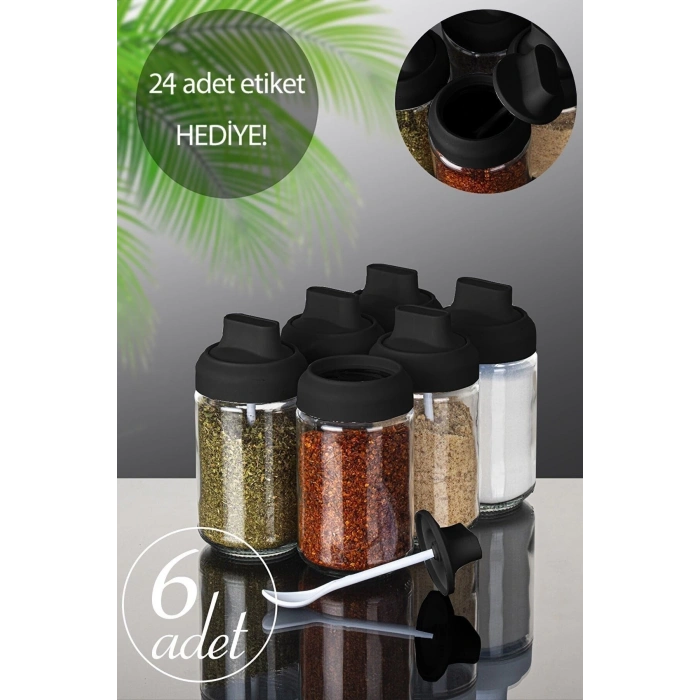 6 Adet Kapağı Kendinden Kaşıklı Baharatlık Seti - 300 Ml - Cam Kavanoz 6lı Set Uzun