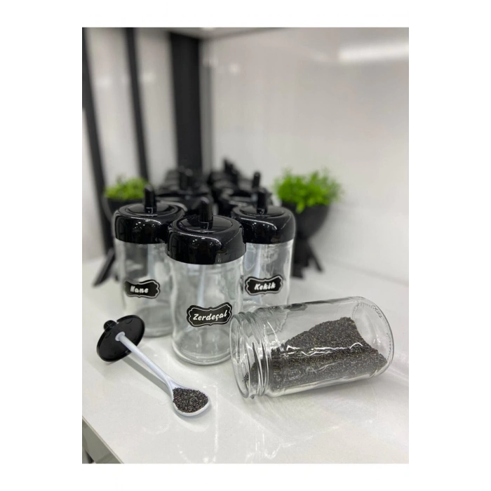 6 Adet Kapağı Kendinden Kaşıklı Baharatlık Seti - 300 Ml - Cam Kavanoz 6lı Set Uzun