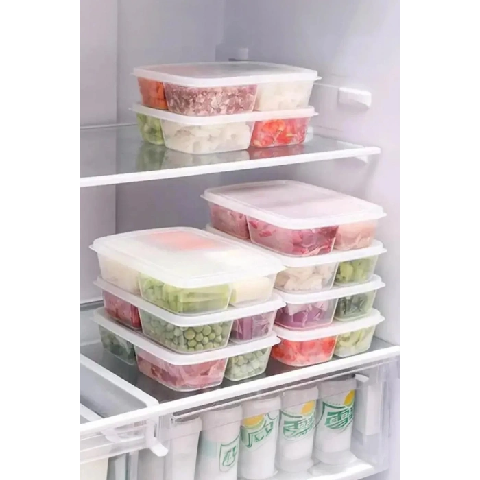 20 Adet 4 Bölmeli Dondurulmuş Öğünlük Et Ve Sebze Saklama Kabı - Buzluk Kıyma Kutusu -1000 ML
