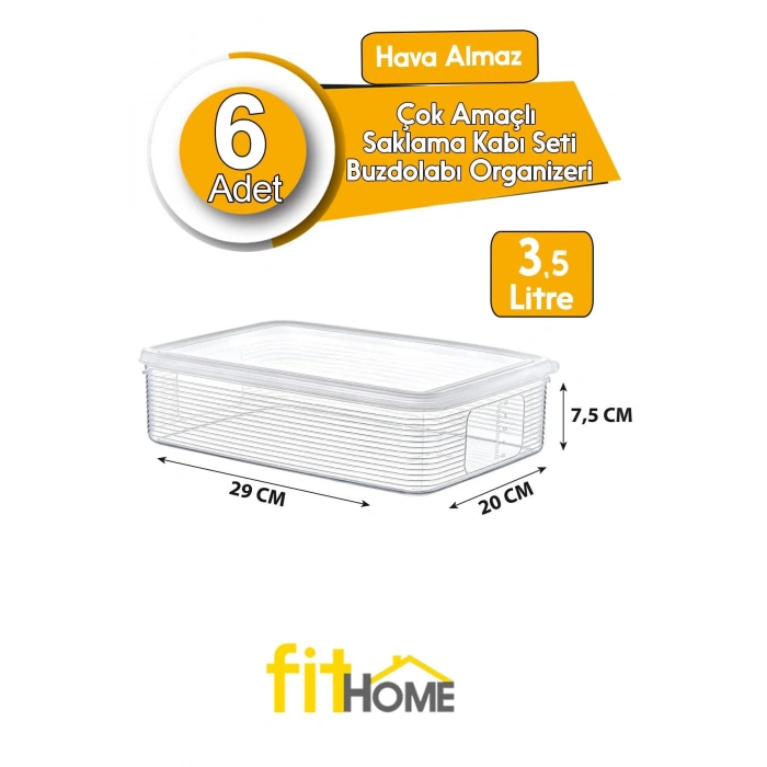 6 Adet 3.5 Litre Hava Almaz Çok Amaçlı Erzak Saklama Kabı Buzdolabı Organizeri