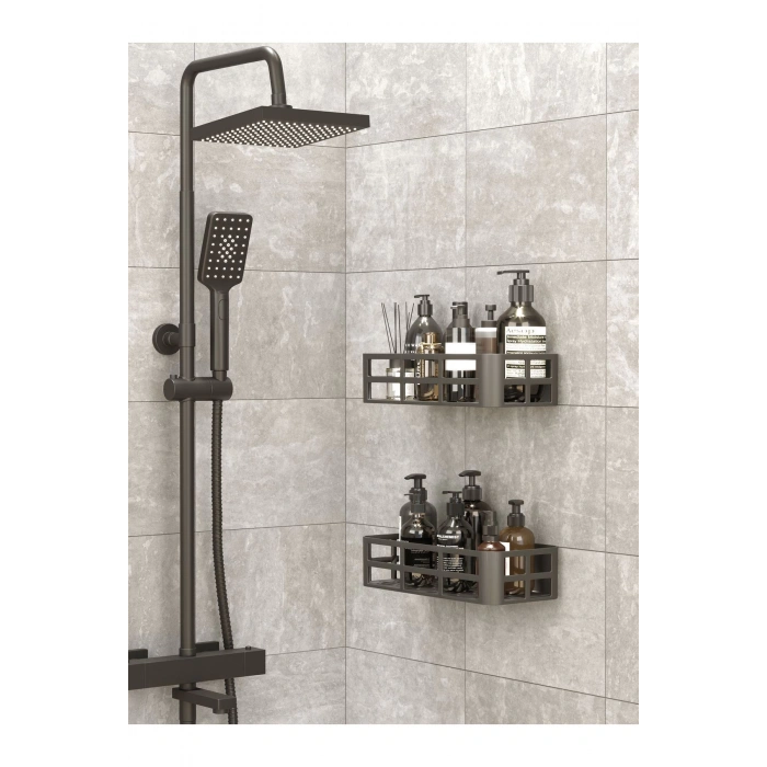 Yapışkanlı Banyo Düzenleyici 2 Adet Banyo Rafı Şampuanlık Sabunluk Mat Siyah Duş Askısı Rafı