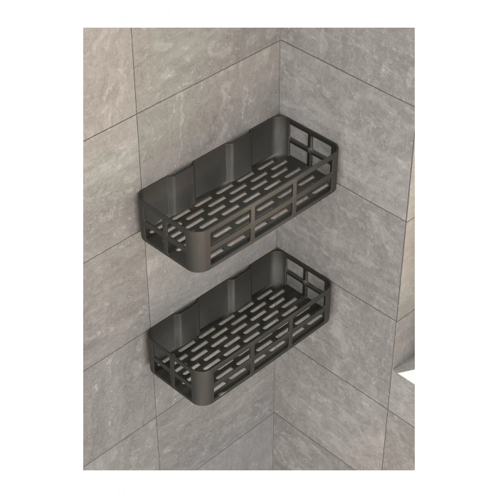 Yapışkanlı Banyo Düzenleyici 2 Adet Banyo Rafı Şampuanlık Sabunluk Mat Siyah Duş Askısı Rafı