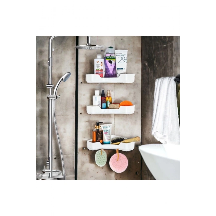 Yapışkanlı Banyo Rafı 3lü Banyo Düzenleyici, Duş Şampuanlık, Duşakabin Rafı Organizeri BEYAZ