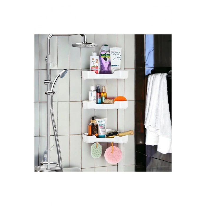 Yapışkanlı Banyo Rafı 3lü Banyo Düzenleyici, Duş Şampuanlık, Duşakabin Rafı Organizeri BEYAZ