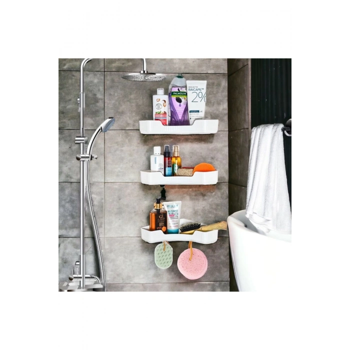 Yapışkanlı Banyo Rafı 3lü Banyo Düzenleyici, Duş Şampuanlık, Duşakabin Rafı Organizeri BEYAZ
