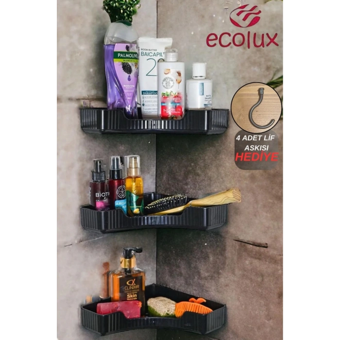 Yapışkanlı Banyo Rafı 3lü Banyo Düzenleyici, Duş Şampuanlık, Duşakabin Rafı Organizeri SİYAH