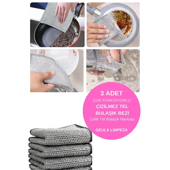 5 Adet Inox Tel Bez Bulaşık Bezi, Zor Kir Bezi, Mutfak Banyo Bezi Çift Katlı Çok Amaçlı Bez