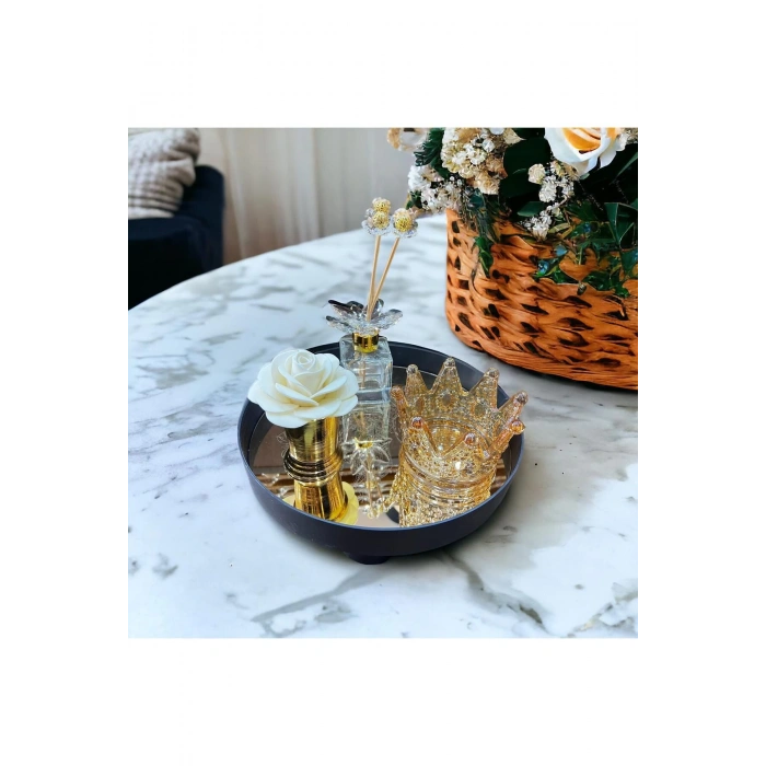 Pleksi Aynalı Ayaklı Dekoratif Sunum Tepsisi Banyo Mutfak Organizer Düzenleyici Tepsi -SİYAH