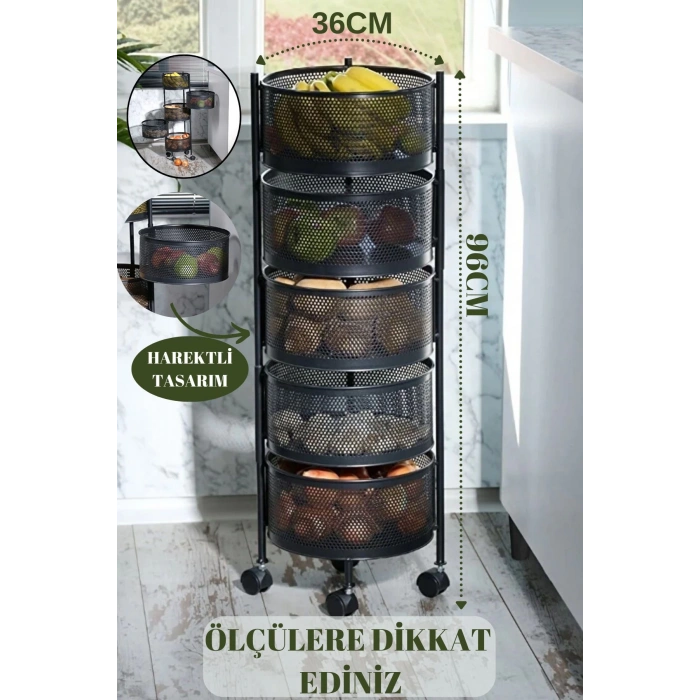 5 Bölmeli Özel Tasarım Paslanmaz Metal Patates Soğanlık Tekerlekli Sebzelik - SİYAH