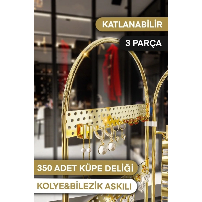 GOLD Takı Düzenleyici Organizeri Kutusu Dekoratif Takı Standı 3 Parça Kolye Yüzük Küpelik-ECOLUX