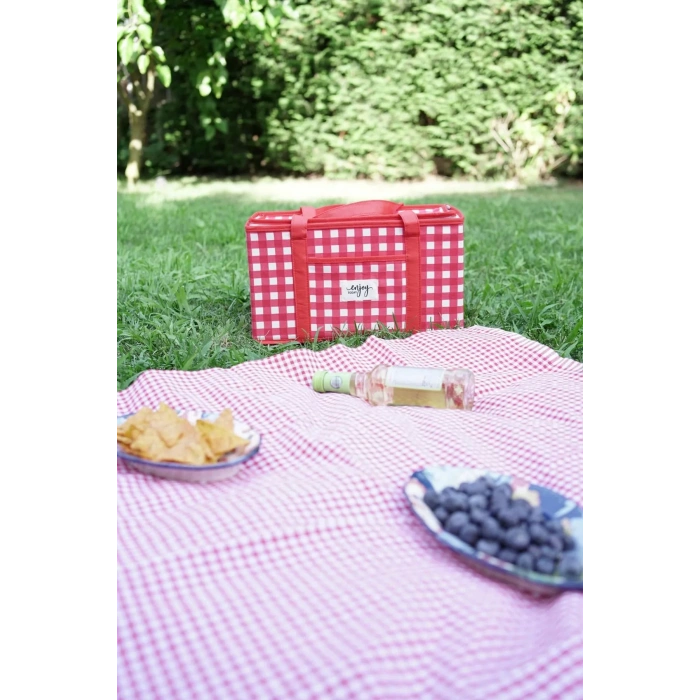 Yalıtımlı Termal Piknik Çantası Kırmızı Pötikare Kulplu Soğuk Taşıma Çantası 35x20x20cm
