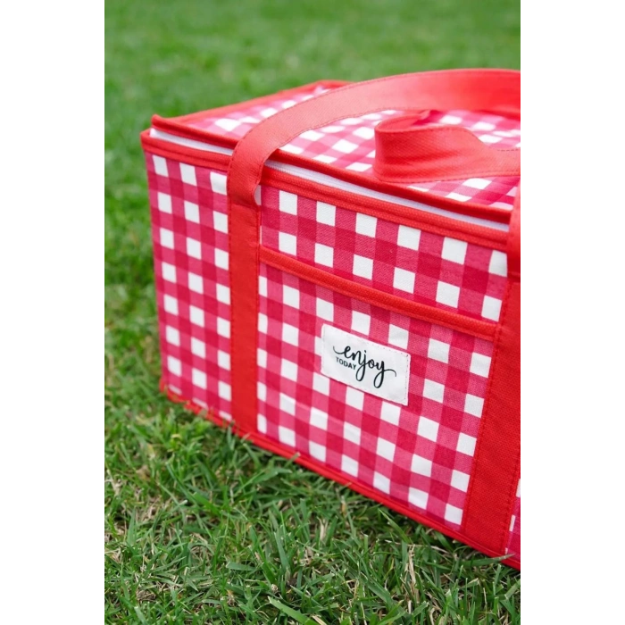 Yalıtımlı Termal Piknik Çantası Kırmızı Pötikare Kulplu Soğuk Taşıma Çantası 35x20x20cm