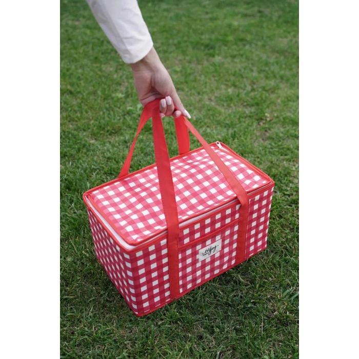 Yalıtımlı Termal Piknik Çantası Kırmızı Pötikare Kulplu Soğuk Taşıma Çantası 35x20x20cm