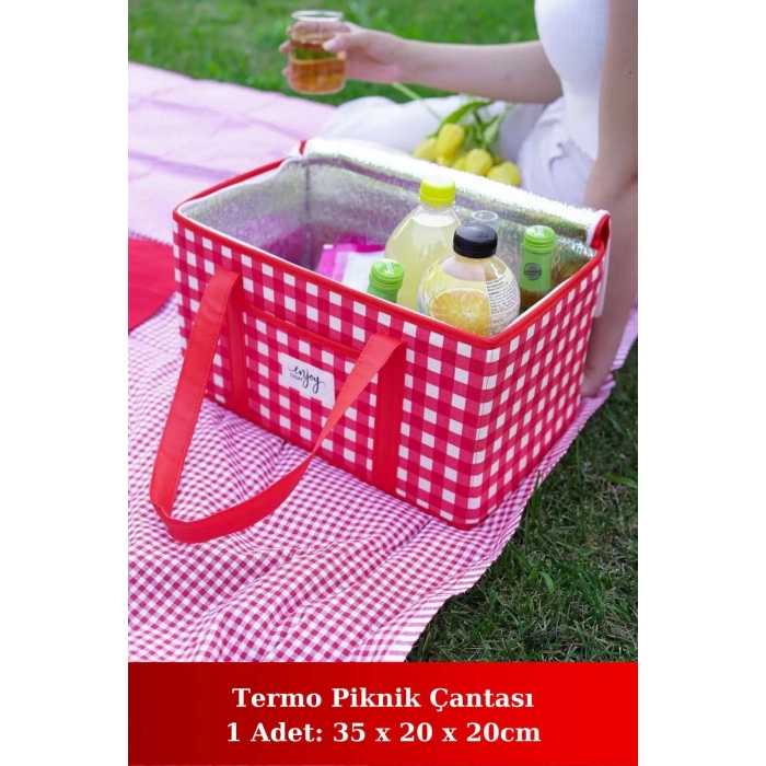 Yalıtımlı Termal Piknik Çantası Kırmızı Pötikare Kulplu Soğuk Taşıma Çantası 35x20x20cm
