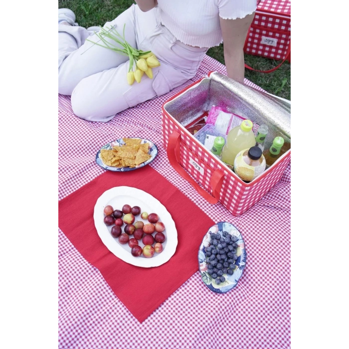 Yalıtımlı Termal Piknik Çantası Kırmızı Pötikare Kulplu Soğuk Taşıma Çantası 35x20x20cm