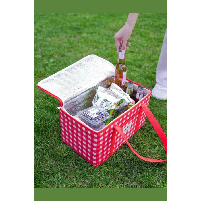 Yalıtımlı Termal Piknik Çantası Kırmızı Pötikare Kulplu Soğuk Taşıma Çantası 35x20x20cm