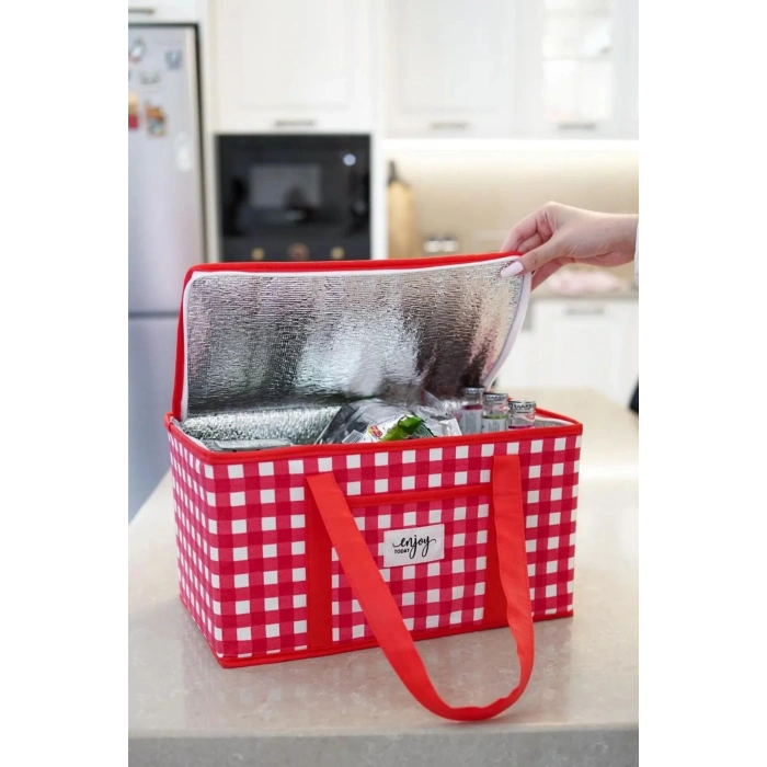 Yalıtımlı Termal Piknik Çantası Kırmızı Pötikare Kulplu Soğuk Taşıma Çantası 35x20x20cm