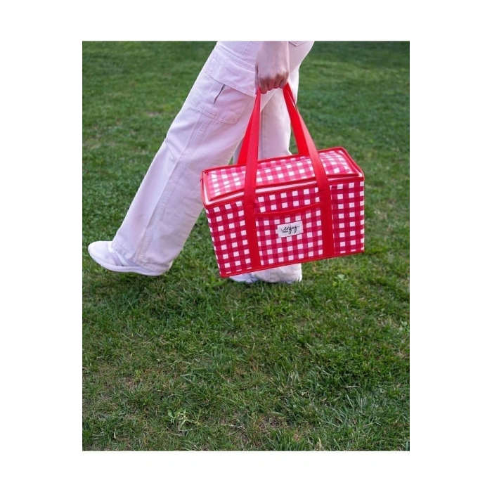 Termo Lüks Piknik Çantası Kırmızı Ekoseli 35 x 20 x 20 cm
