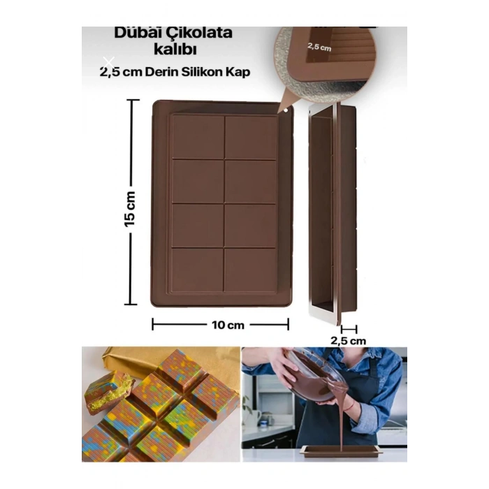 2 ADET Dubai Çikolatası Yapma Kalıbı, Gıdaya Uygun, Koku Yapmaz, Silikon, 8 Bölmeli 15x10cm ECOLUX