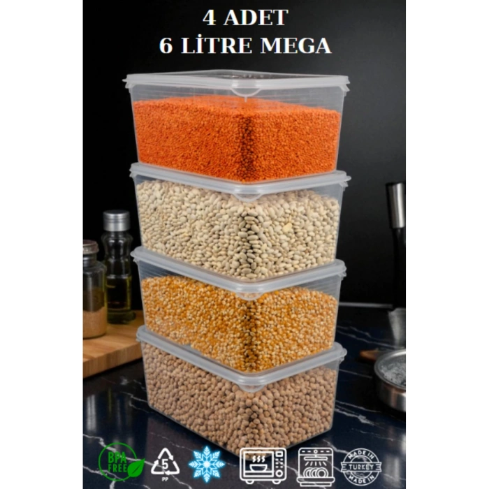 4lü Set 6 Litre Mega Boy Erzak Saklama Kabı