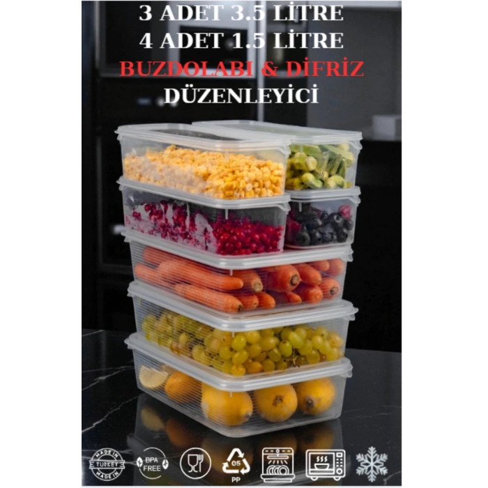 3 Adet 3,5 Lt - 4 Adet 1,5 Lt Sızdırmaz Saklama Kabı Buzdolabı Difriz Düzenleyeci Organizer