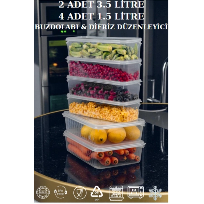 2 Adet 3,5 Lt - 4 Adet 1,5 Lt Sızdırmaz Saklama Kabı Buzdolabı Difriz Düzenleyeci Organizer